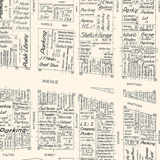 Vintage Map of Berkeley, California, Business District, 1952