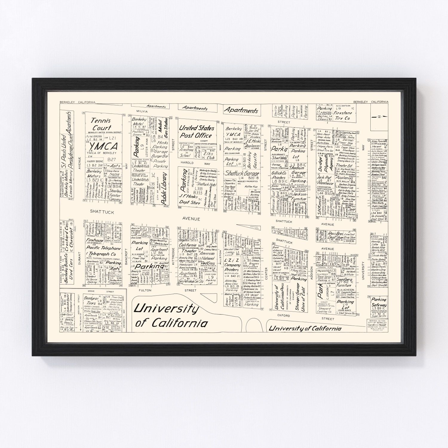 Vintage map of Berkeley, California, business district, 1952