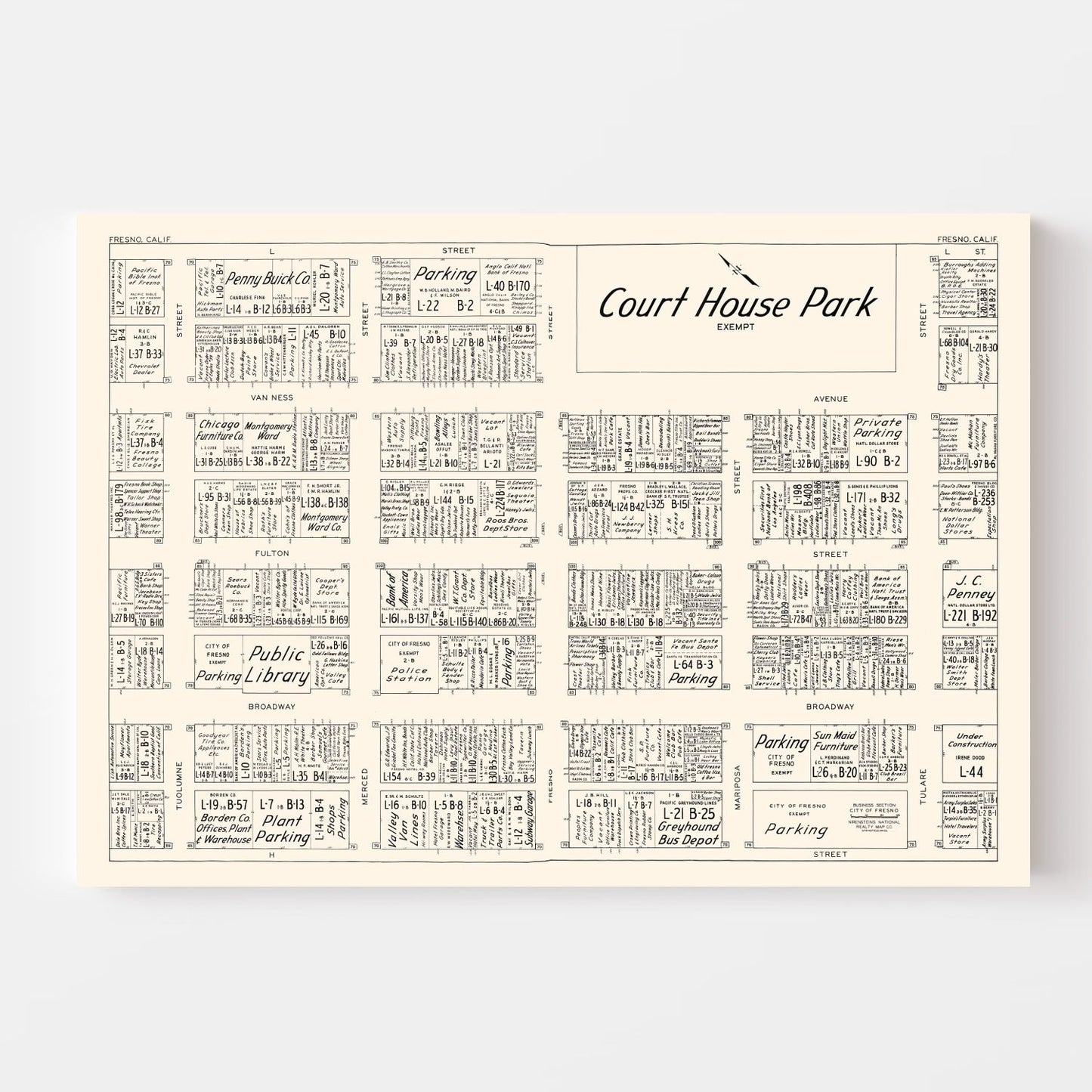 Vintage Map of Fresno, California Business Section, 1952