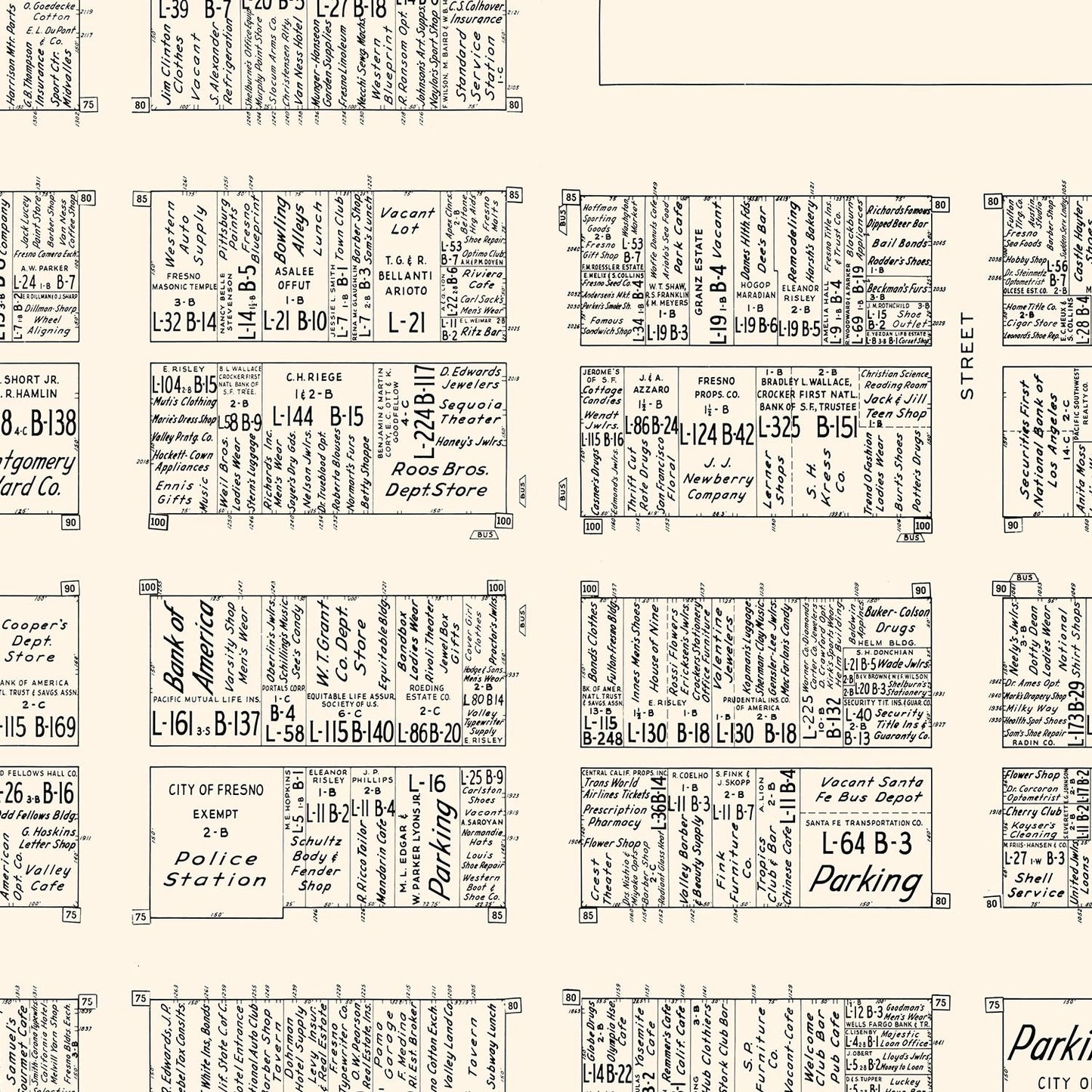 Vintage Map of Fresno, California Business Section, 1952