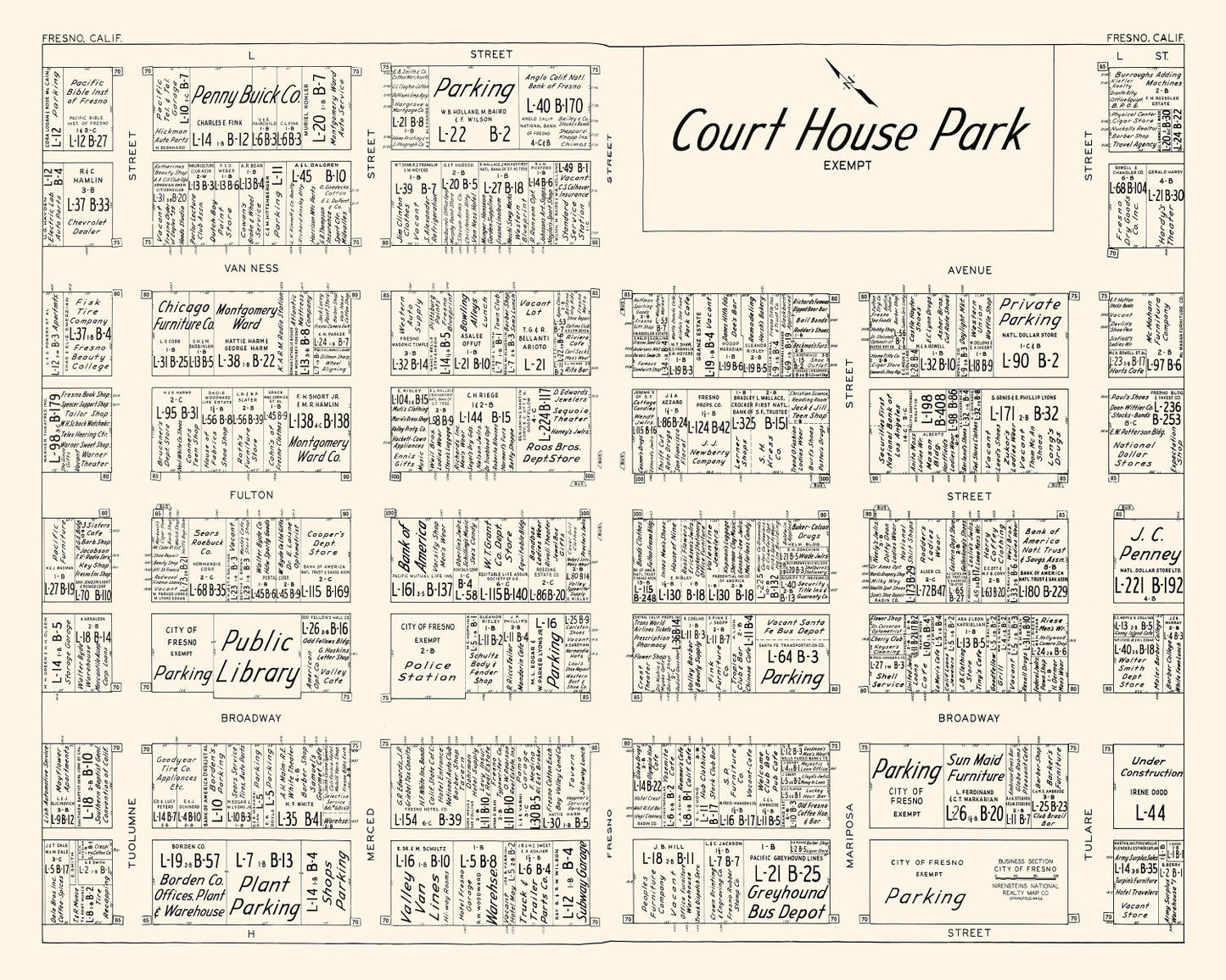 Vintage Map of Fresno, California Business Section, 1952