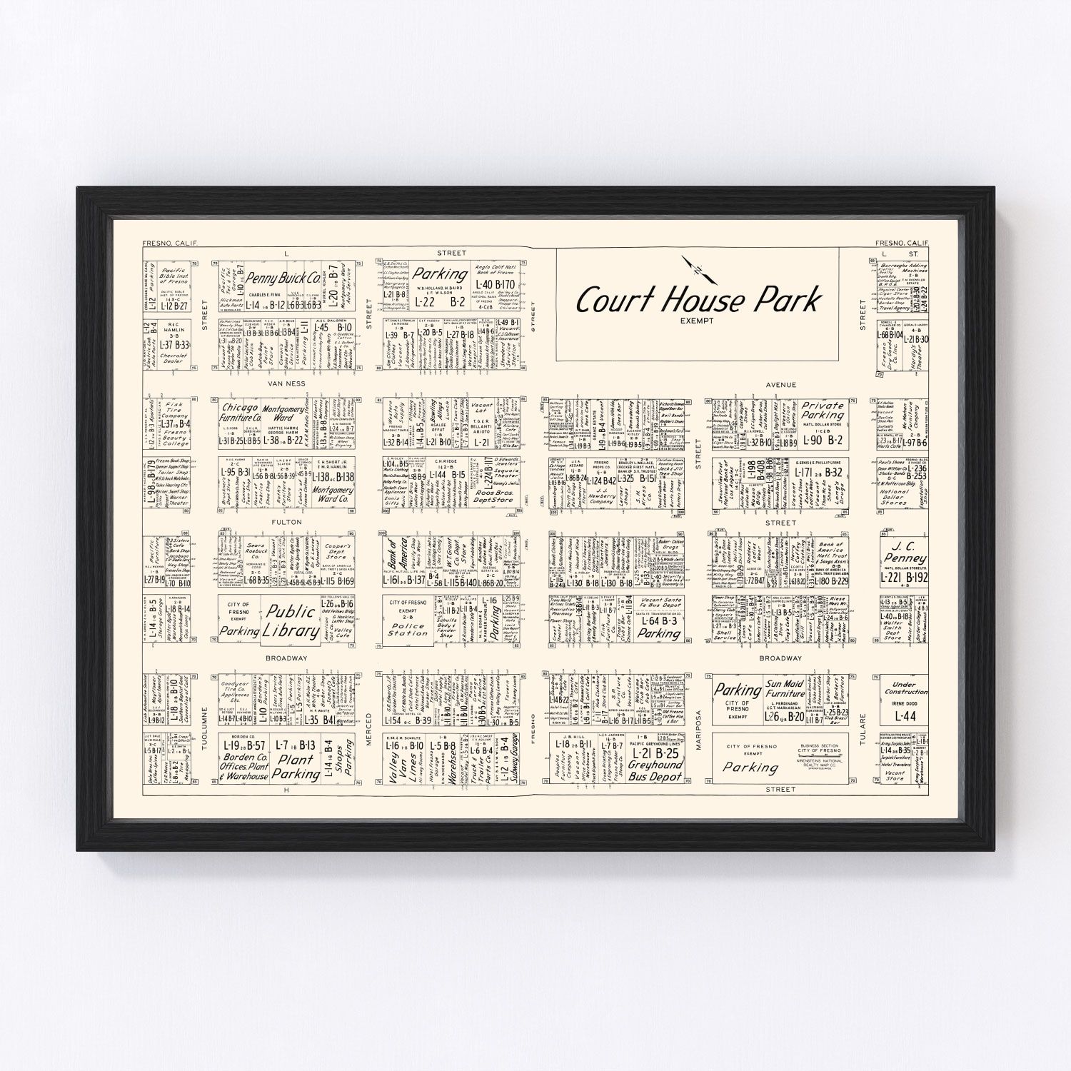 vintage map of Fresno, California business section, 1952