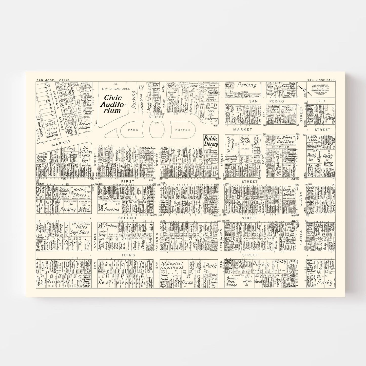 Vintage Map of San Jose Business Section, California, 1952