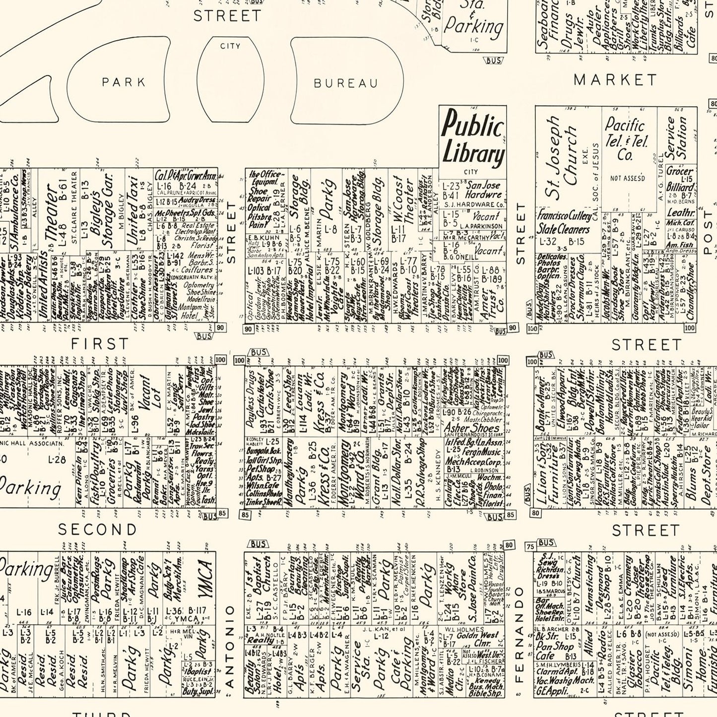 Vintage Map of San Jose Business Section, California, 1952