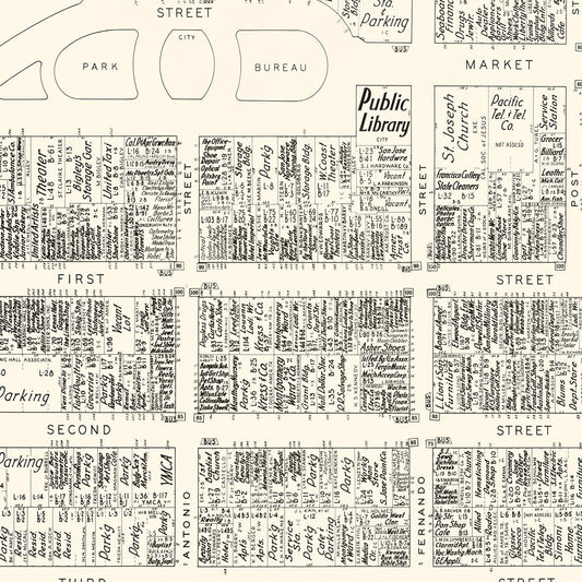 Vintage Map of San Jose Business Section, California, 1952