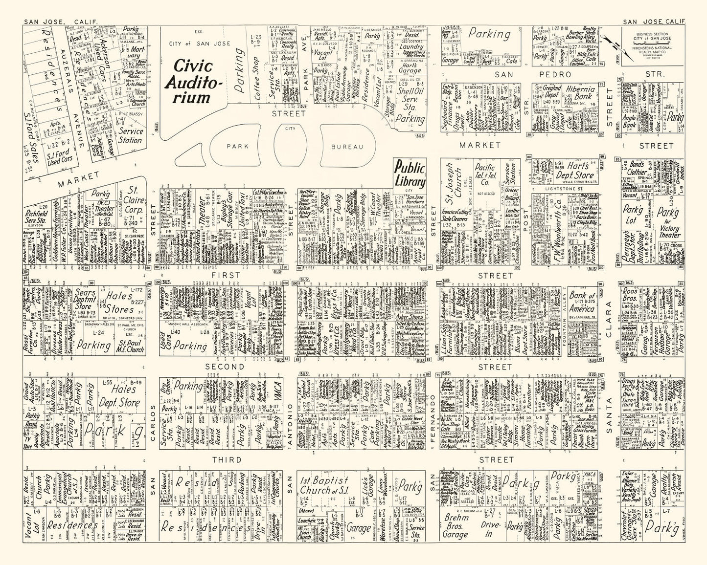 Vintage Map of San Jose Business Section, California, 1952