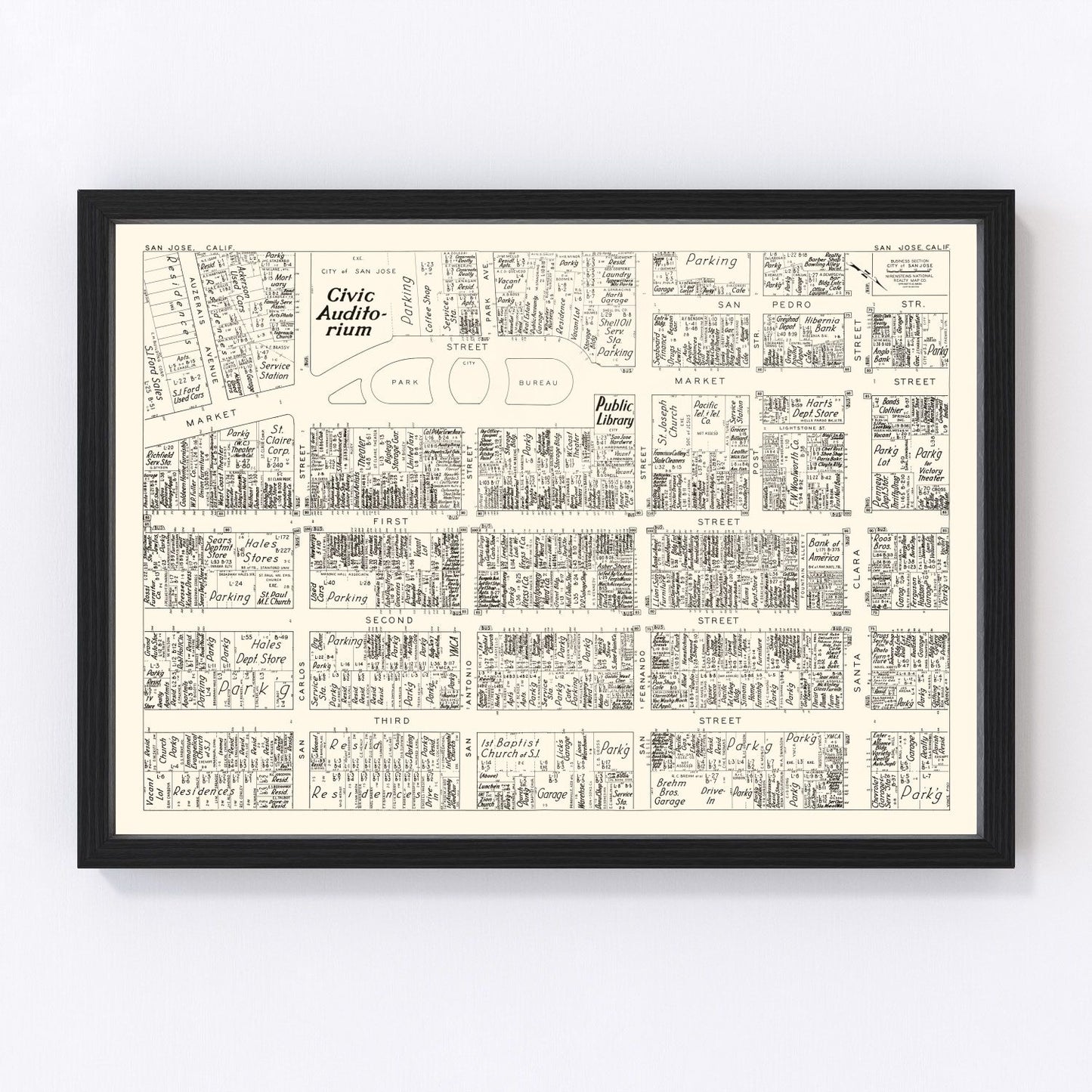 vintage map of San Jose business section, California, 1952
