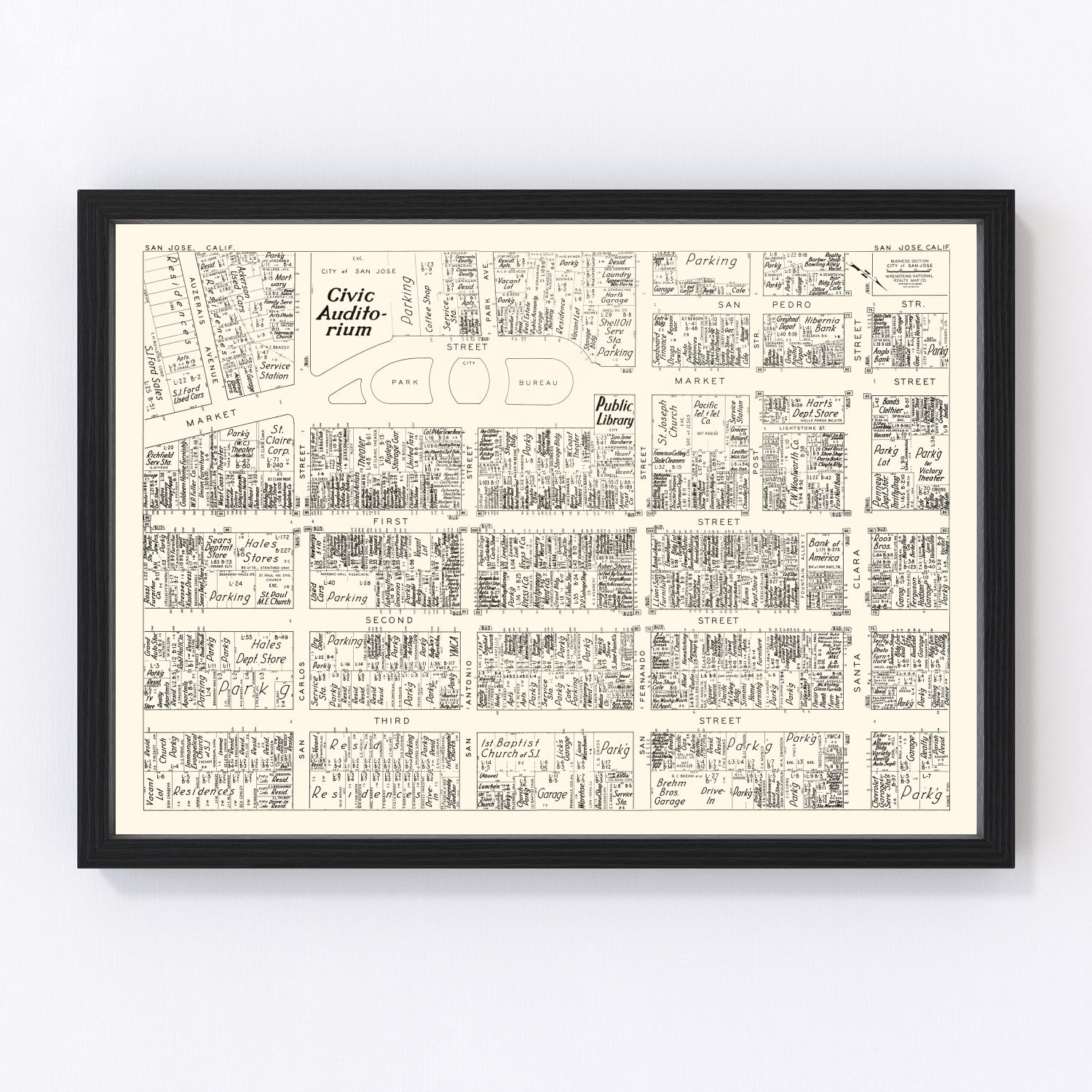 vintage map of San Jose business section, California, 1952