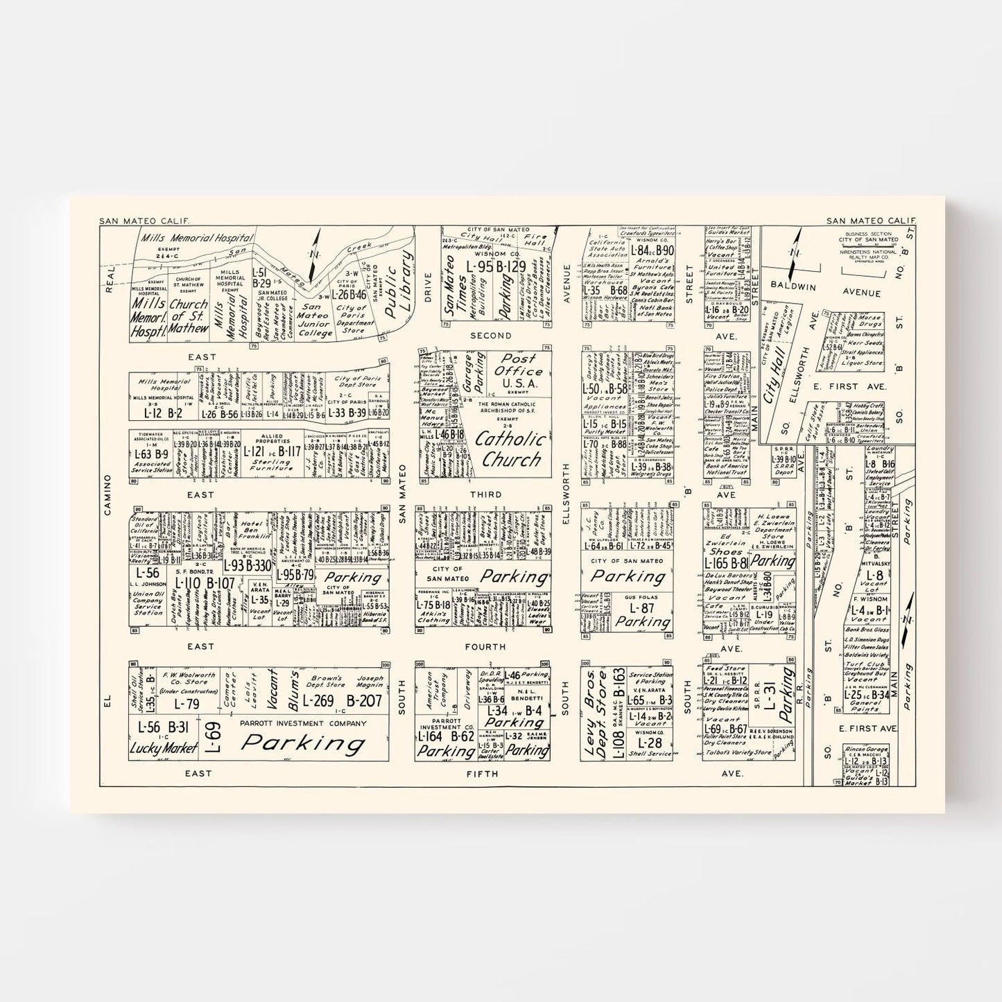 Vintage Map of San Mateo Business Section, California, 1952