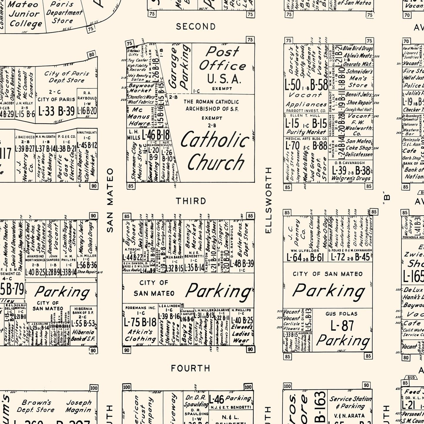 Vintage Map of San Mateo Business Section, California, 1952