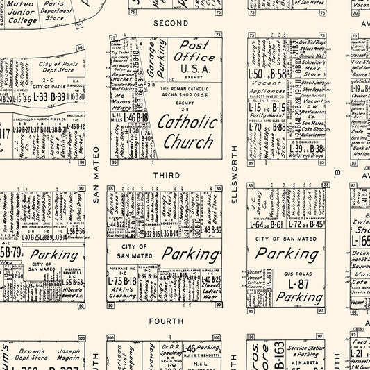 Vintage Map of San Mateo Business Section, California, 1952