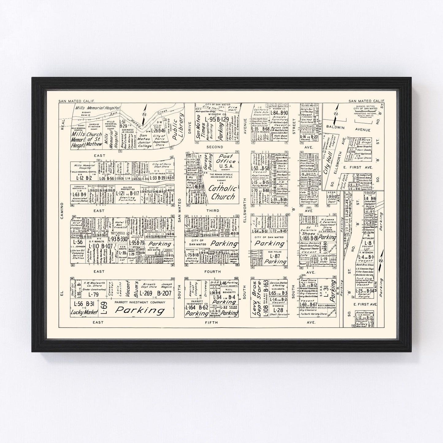 Vintage map of San Mateo business section, California, 1952