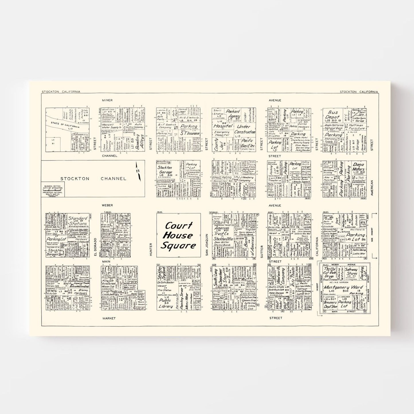 Vintage Map of Stockton, California Business Section, 1952