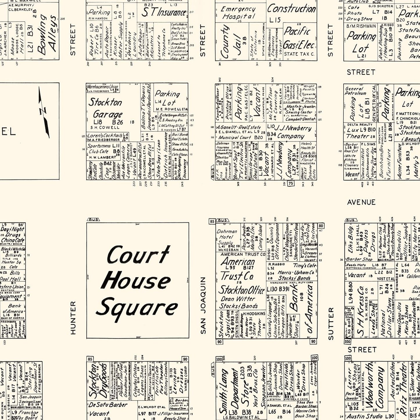Vintage Map of Stockton, California Business Section, 1952