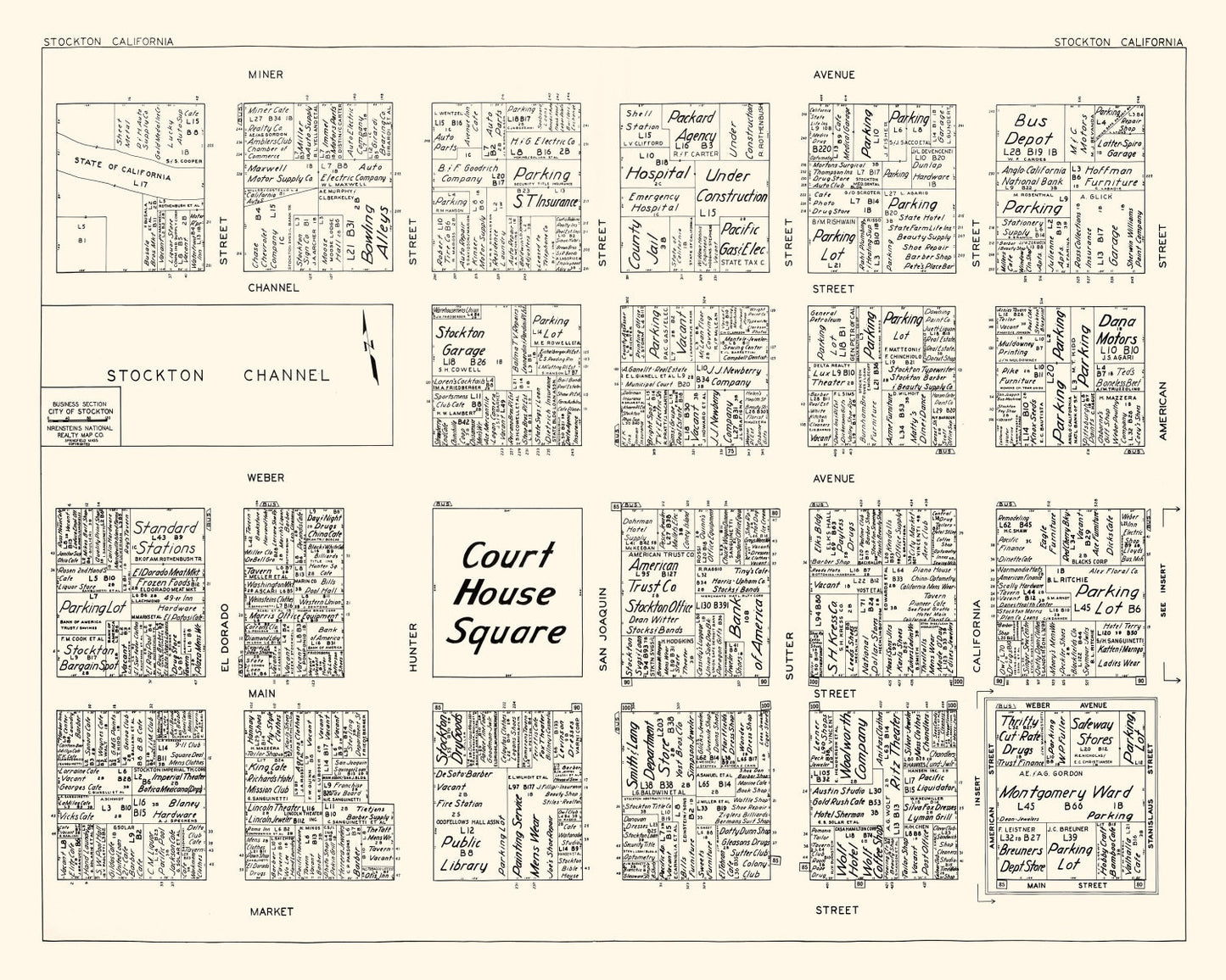 Vintage Map of Stockton, California Business Section, 1952