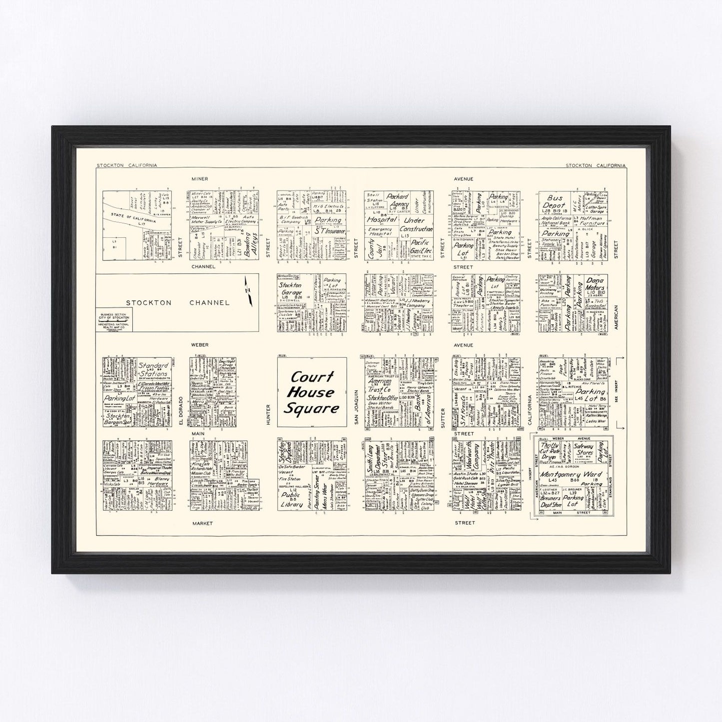 Vintage map of Stockton's business section, California, 1952