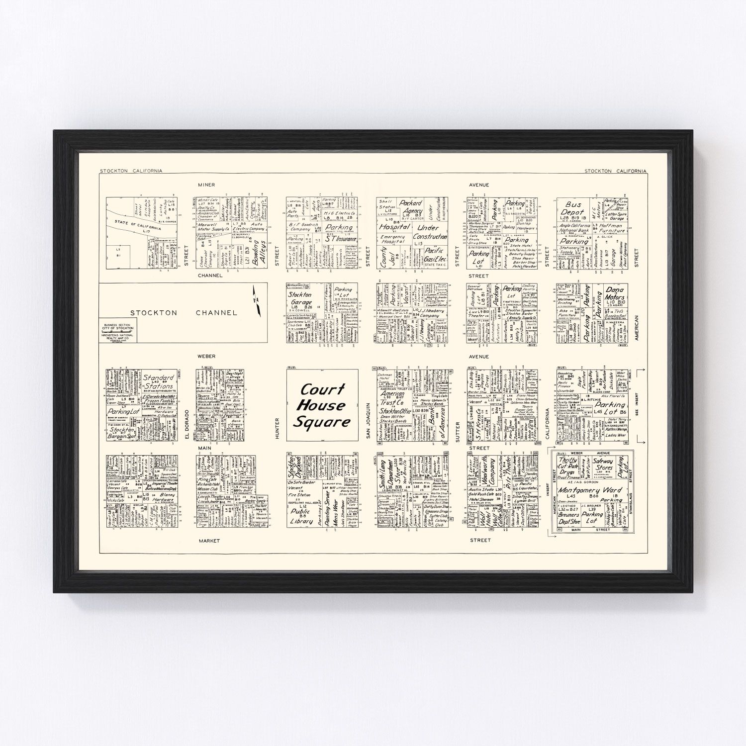 Vintage map of Stockton's business section, California, 1952