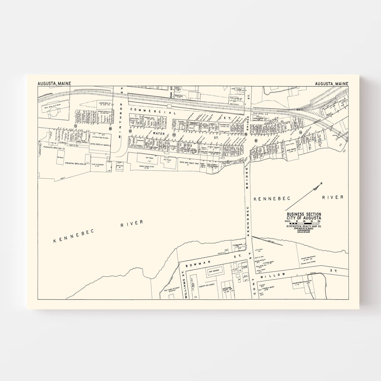 Vintage Map of Augusta, Maine, Business District, 1946