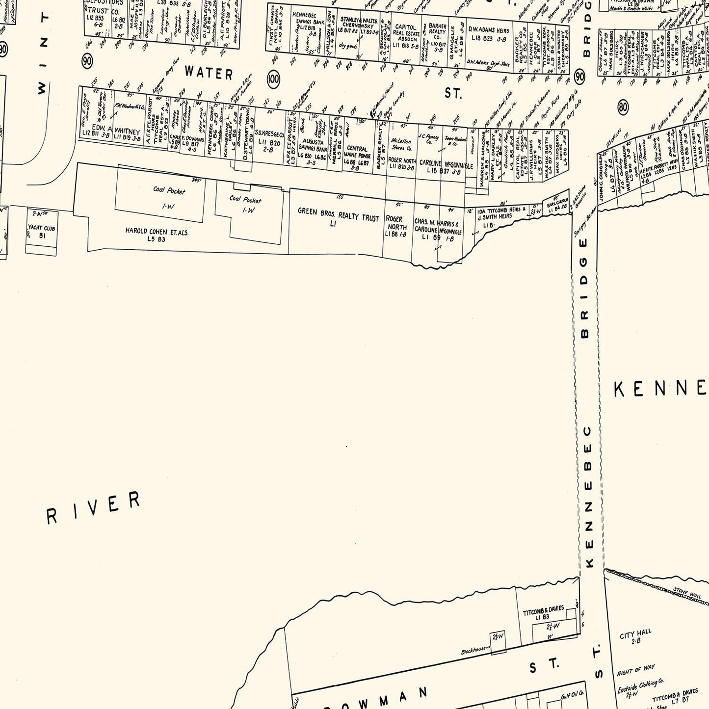Vintage Map of Augusta, Maine, Business District, 1946