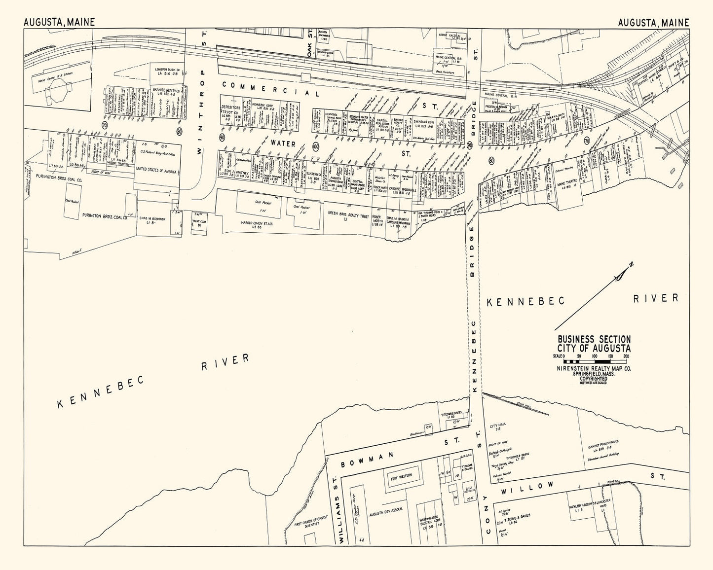 Vintage Map of Augusta, Maine, Business District, 1946