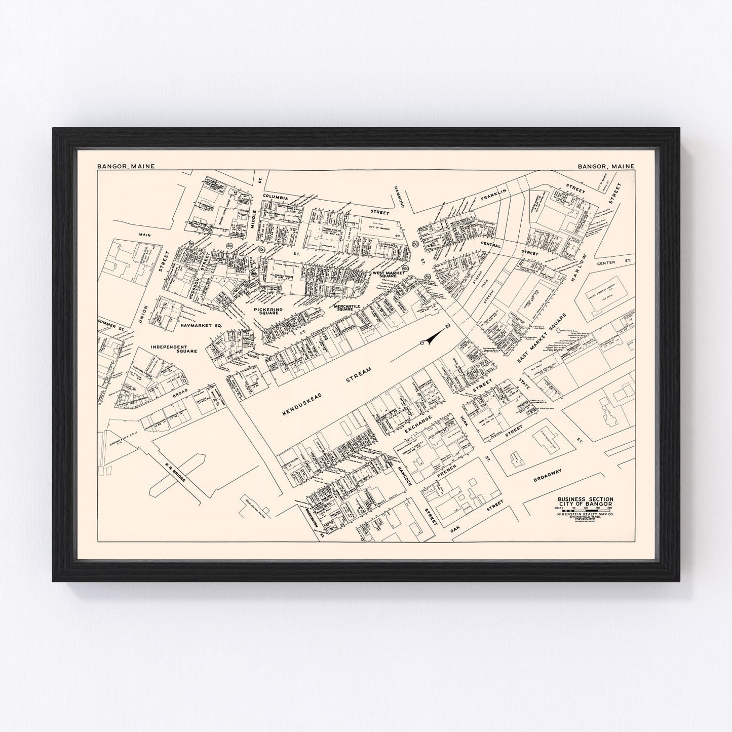 vintage map of Bangor, Maine business section, 1946, restored print wall art