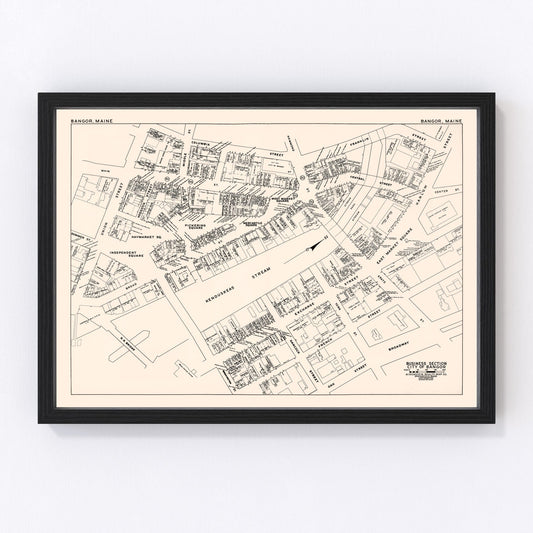 vintage map of Bangor, Maine business section, 1946, restored print wall art