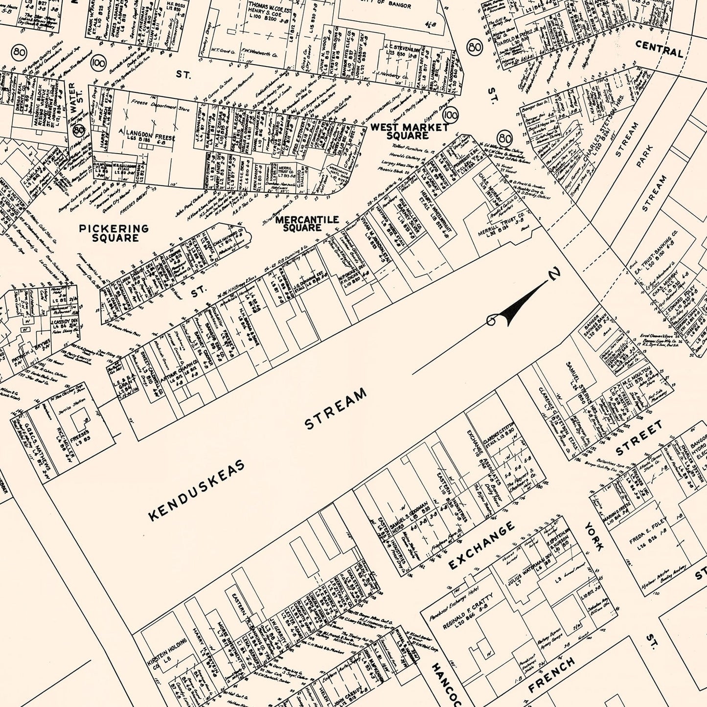 Vintage Map of Bangor, ME Business Section, 1946
