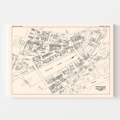 Vintage Map of Bangor, ME Business Section, 1946