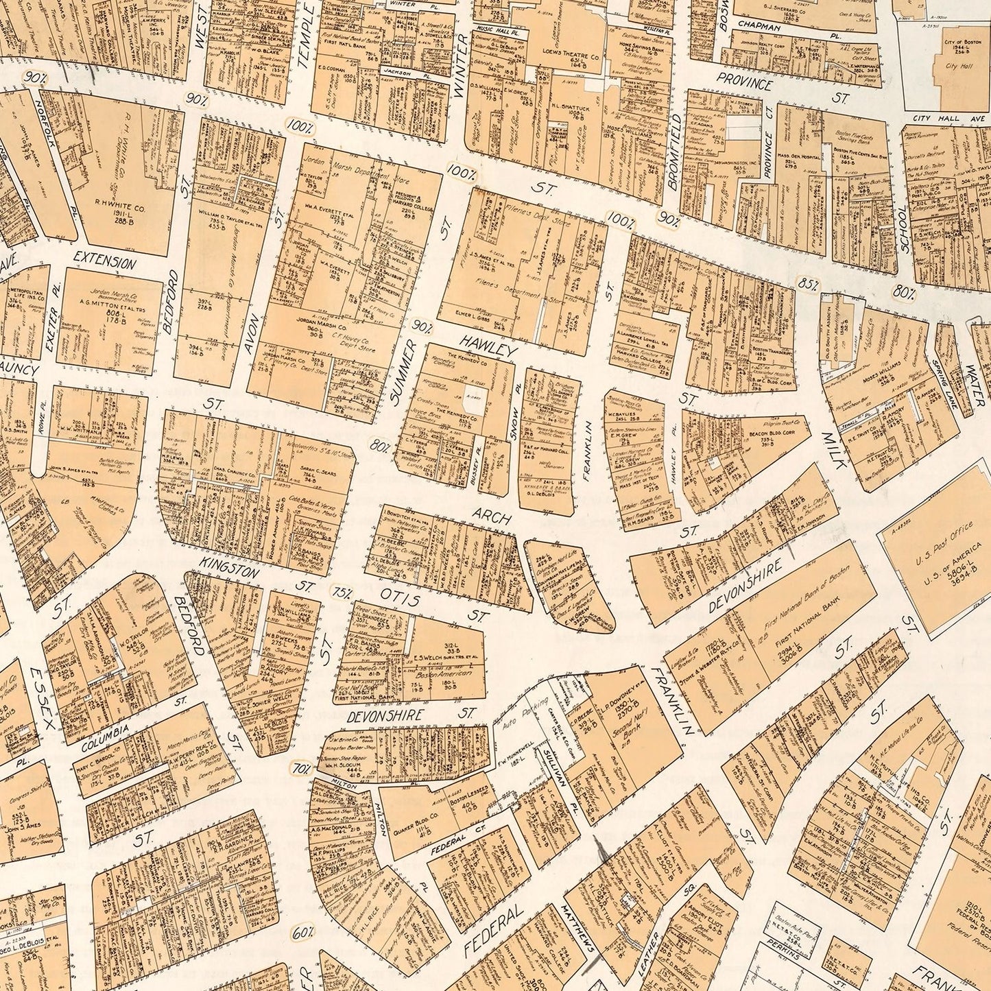 Vintage Map of Boston, MA Business Section, 1946