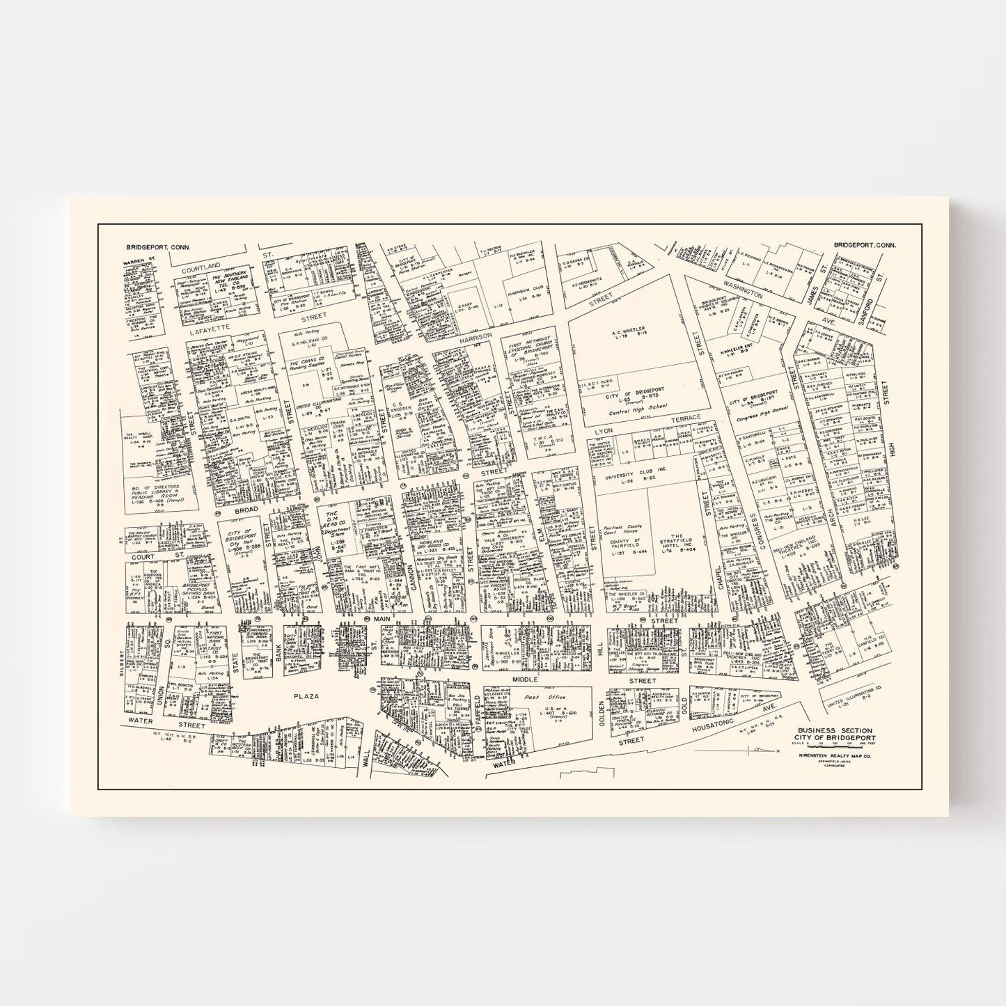 Vintage Map of Bridgeport, CT Business Section, 1946