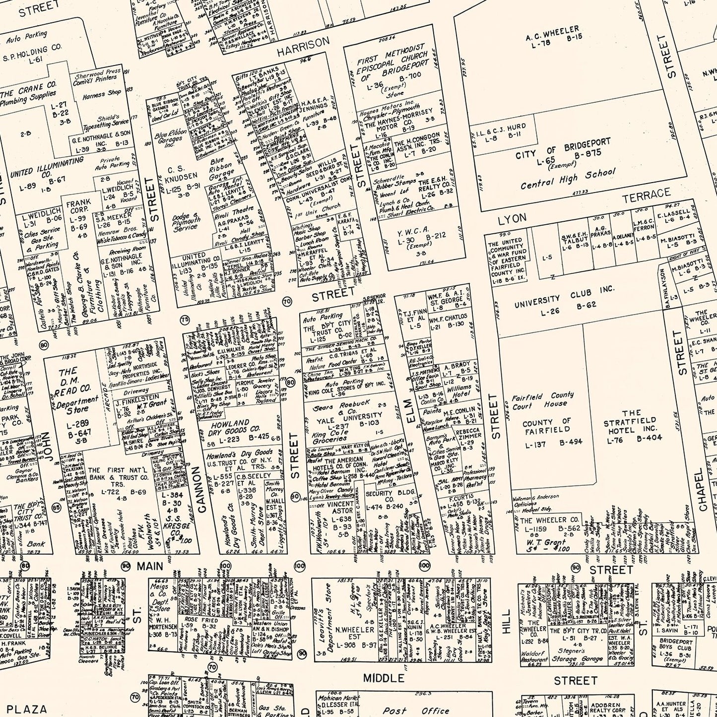 Vintage Map of Bridgeport, CT Business Section, 1946