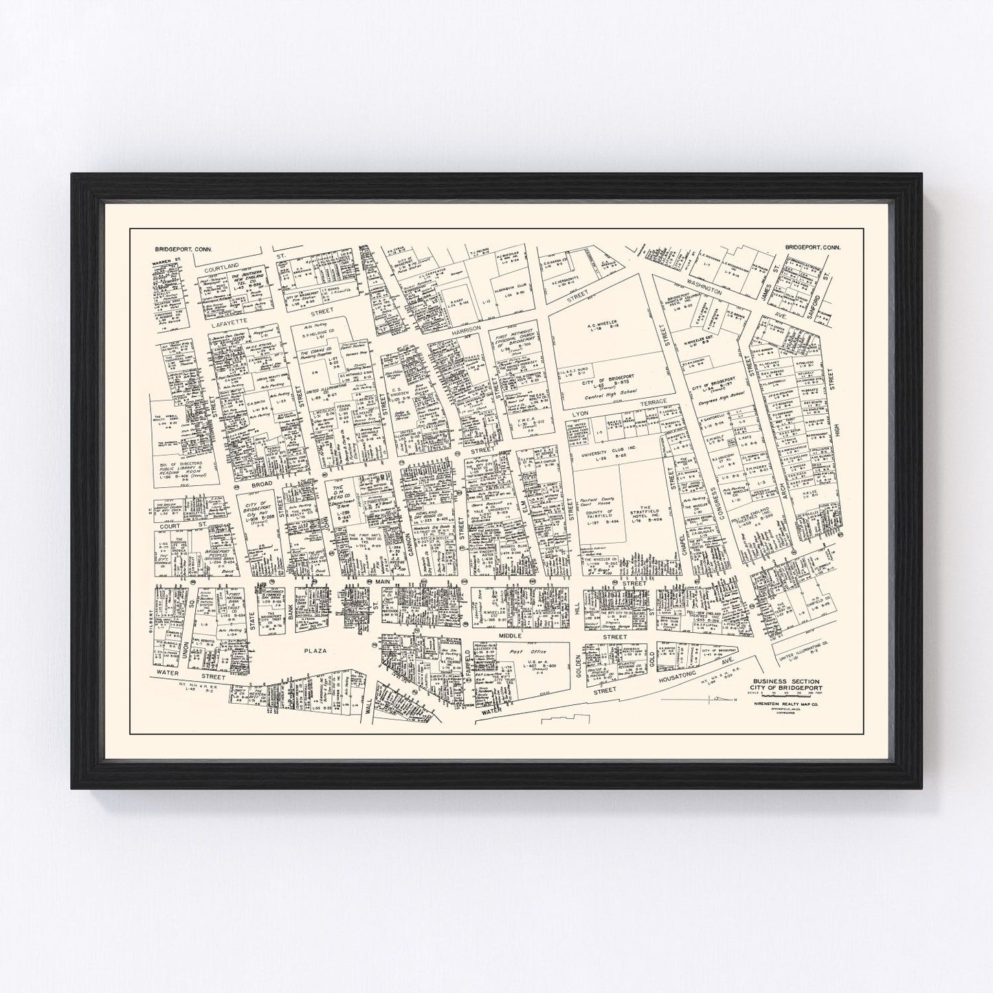 vintage map of Bridgeport CT business section, 1946, restored print wall art