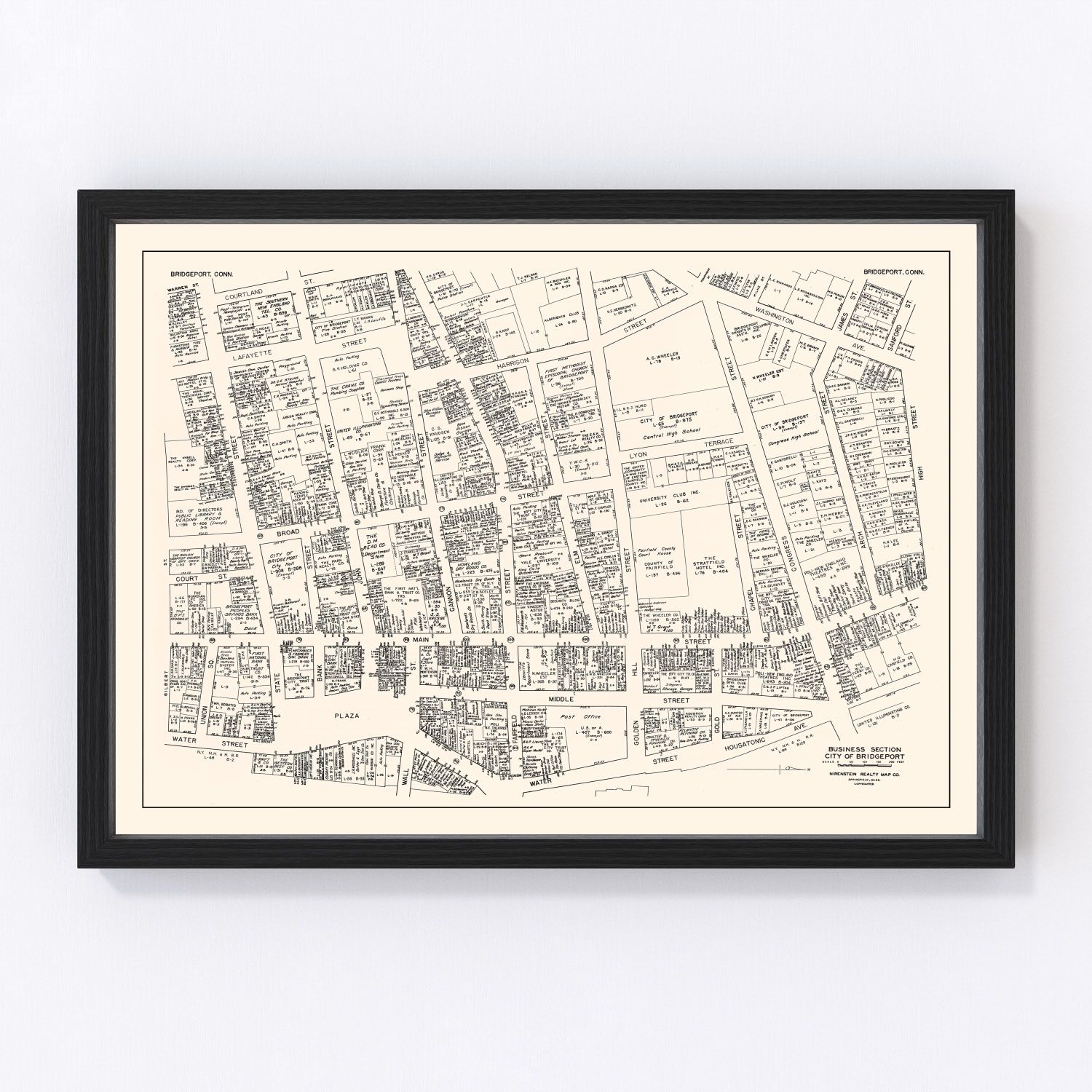 vintage map of Bridgeport CT business section, 1946, restored print wall art