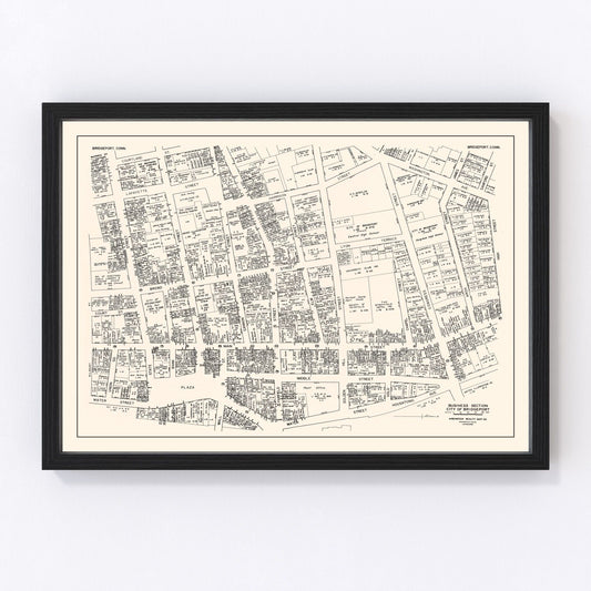 vintage map of Bridgeport CT business section, 1946, restored print wall art