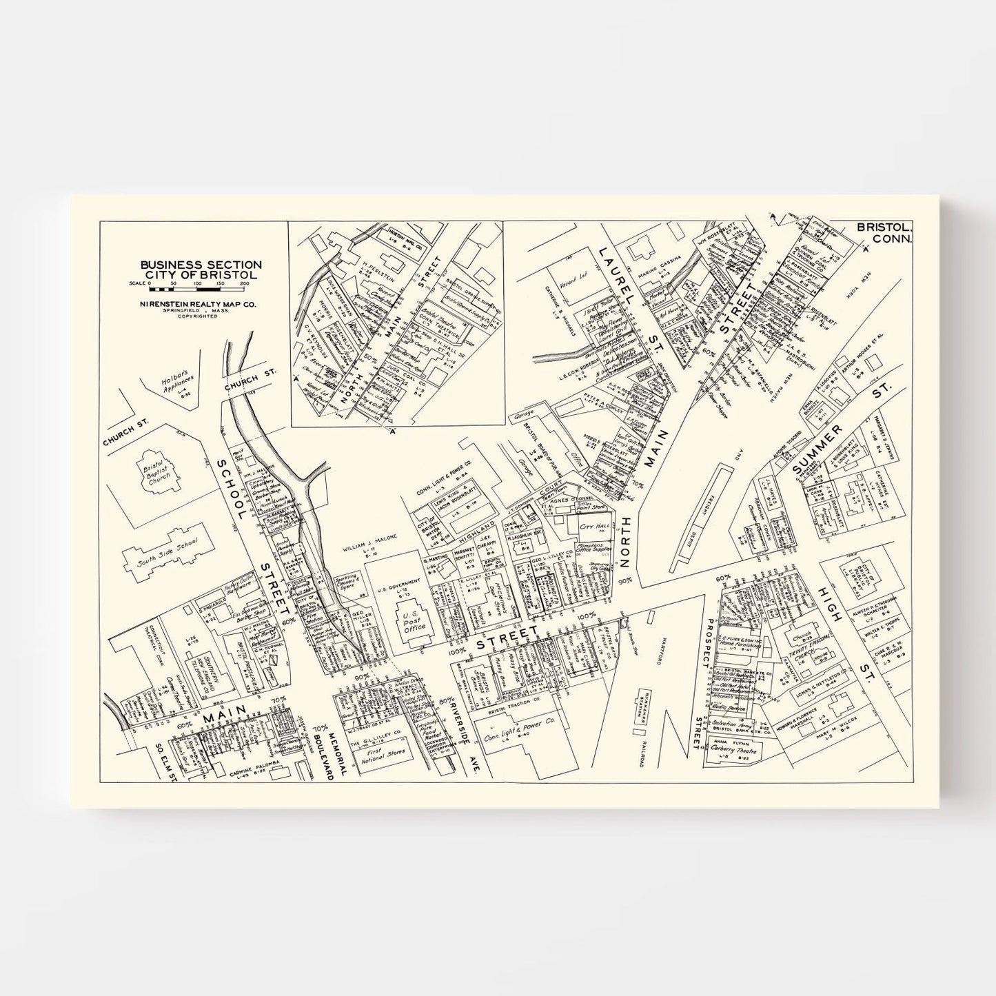 Vintage Map of Bristol, CT Business Section, 1946