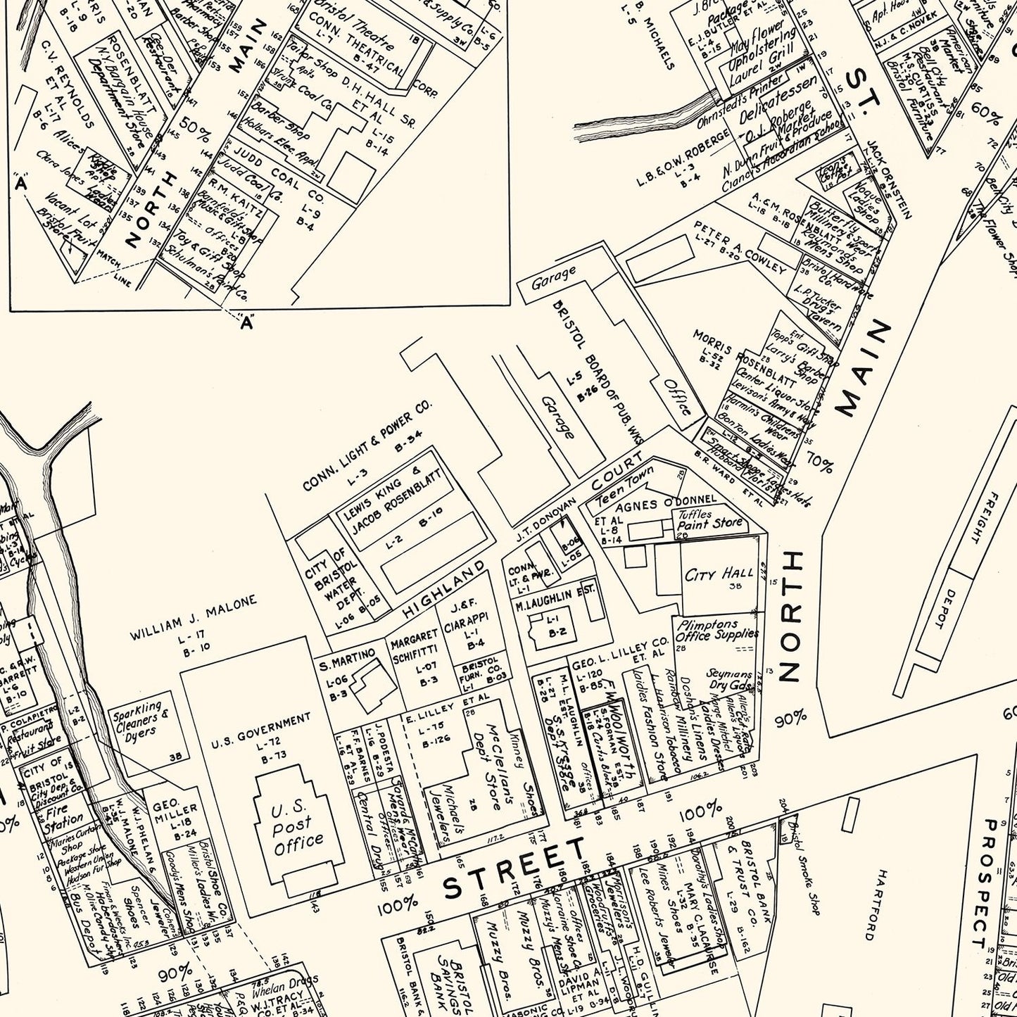 Vintage Map of Bristol, CT Business Section, 1946