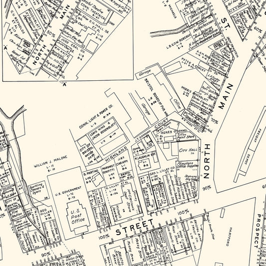 Vintage Map of Bristol, CT Business Section, 1946