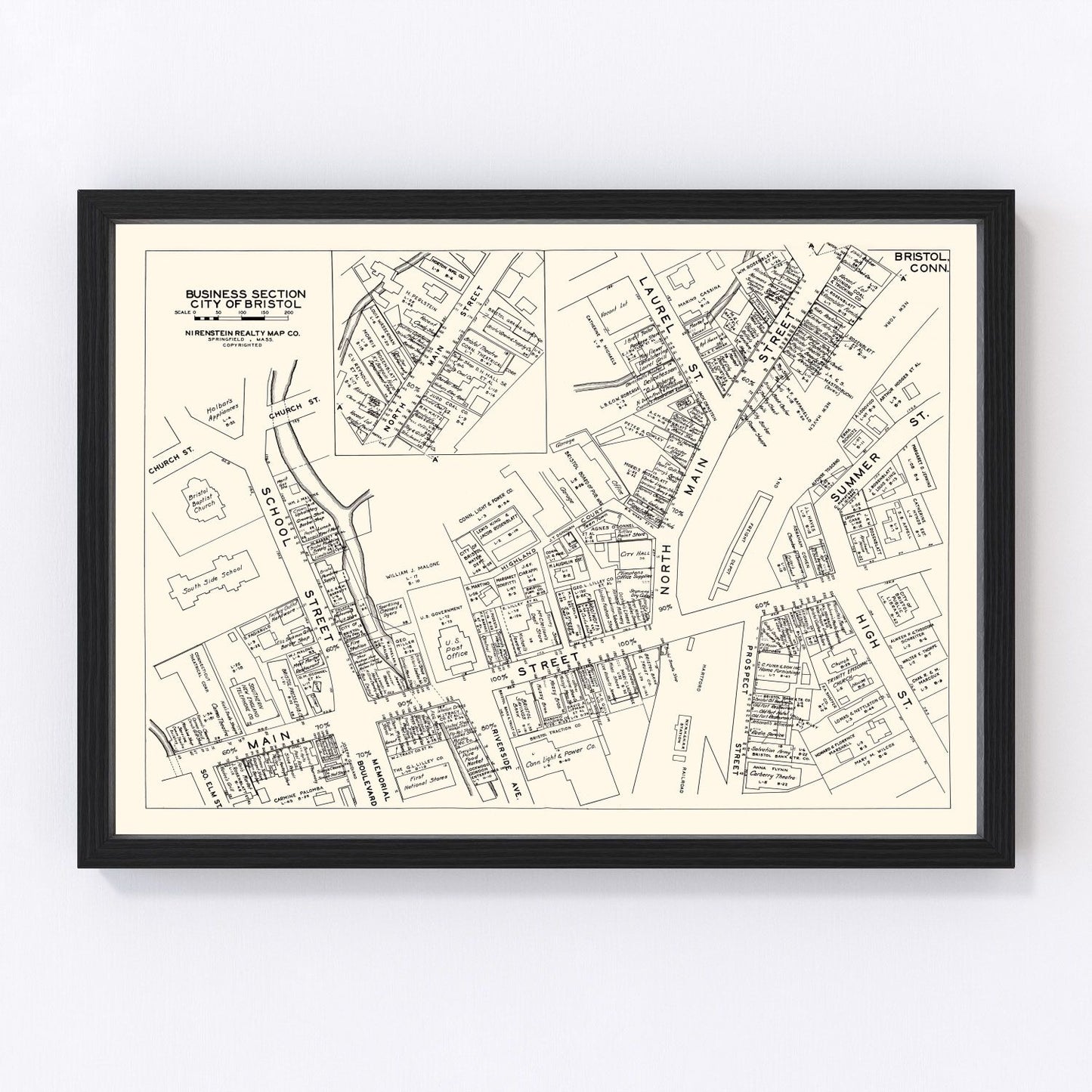 vintage map of Bristol CT business section, 1946, restored print wall art