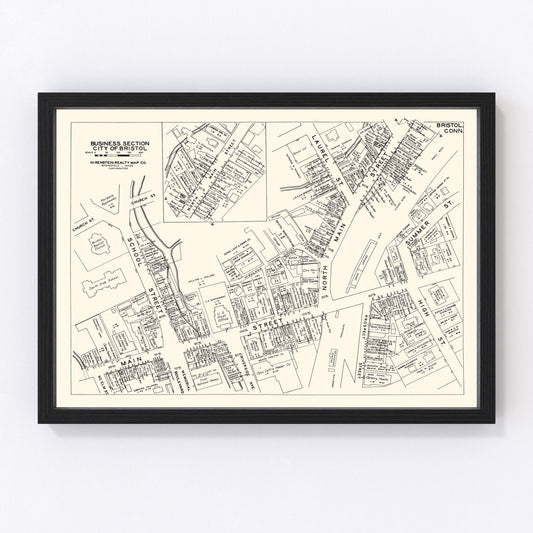 vintage map of Bristol CT business section, 1946, restored print wall art