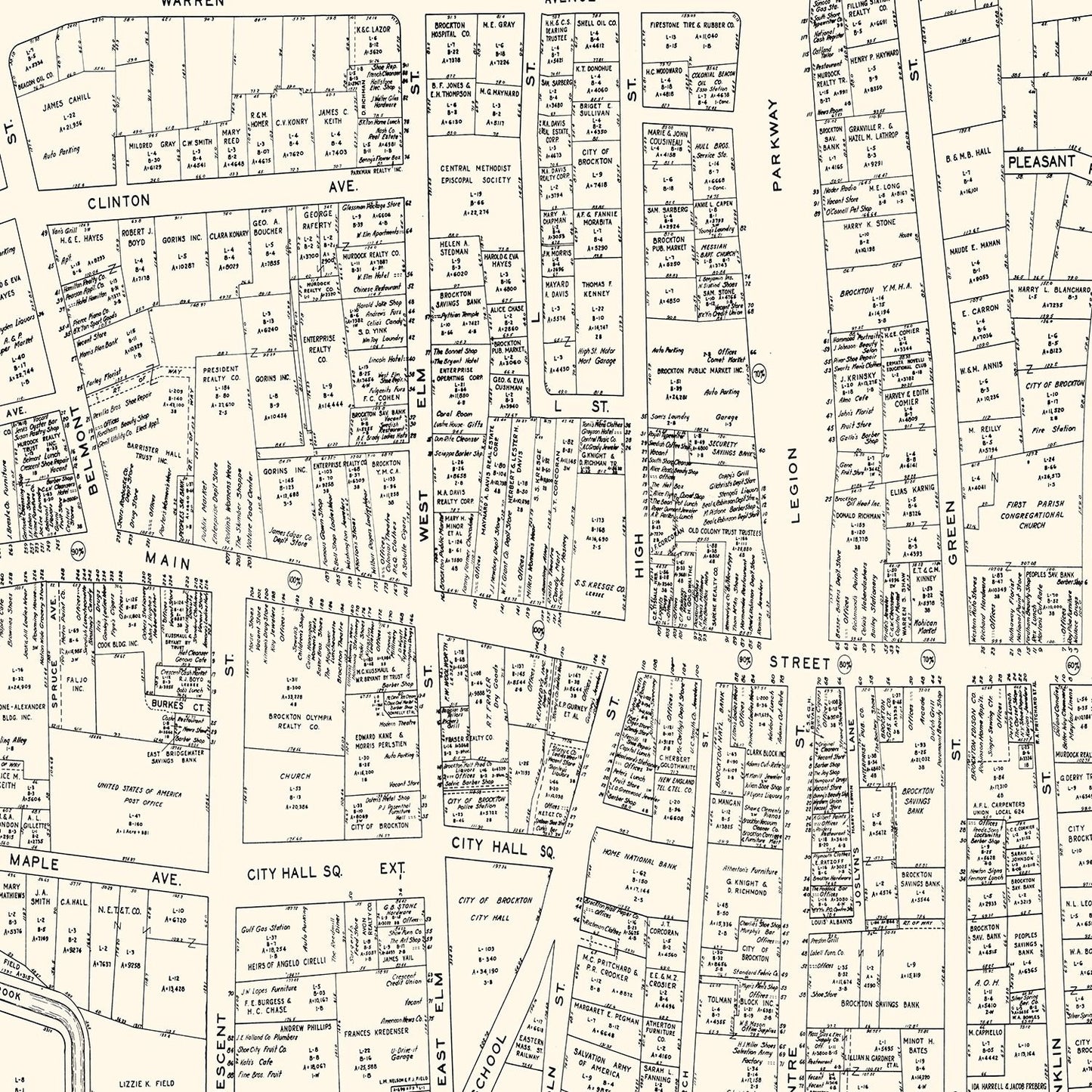 Vintage Map of Brockton, MA Business Section, 1946