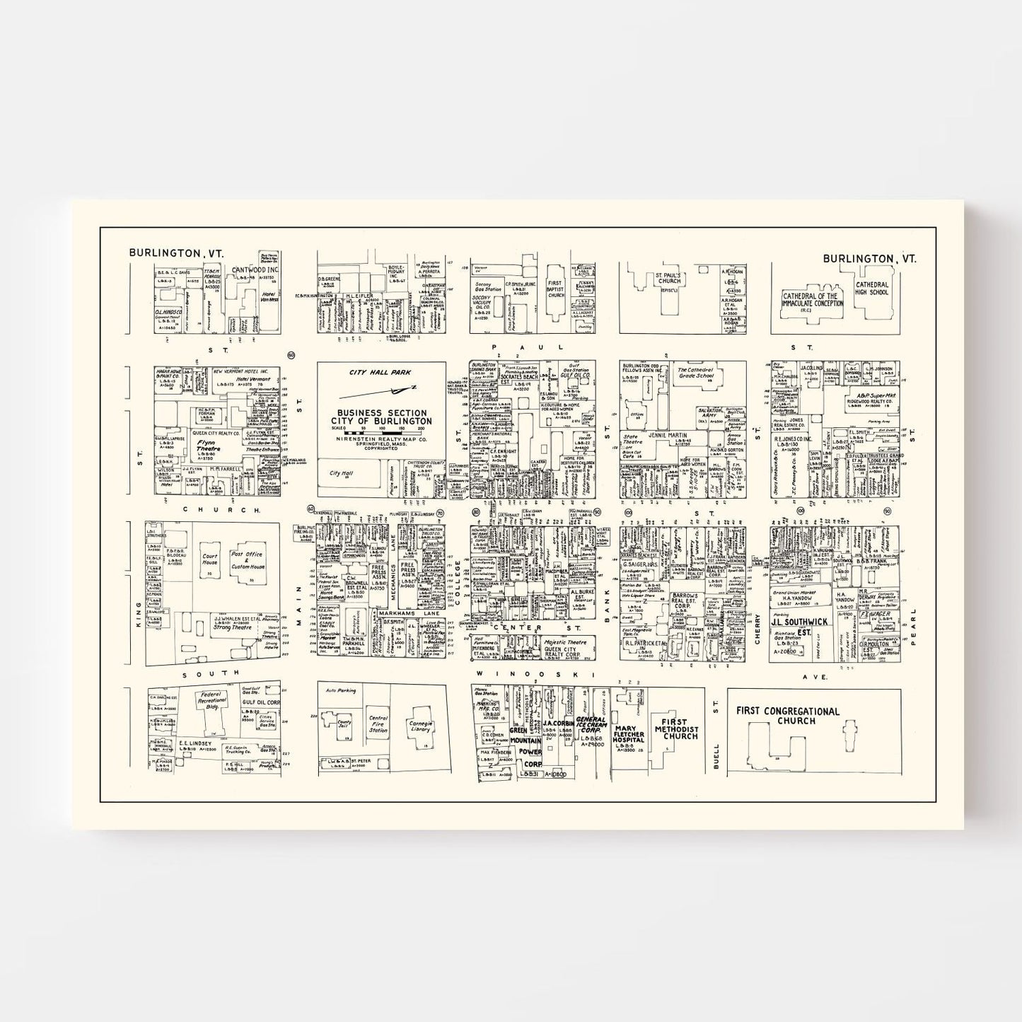 Vintage Map of Burlington, VT Business Section, 1946