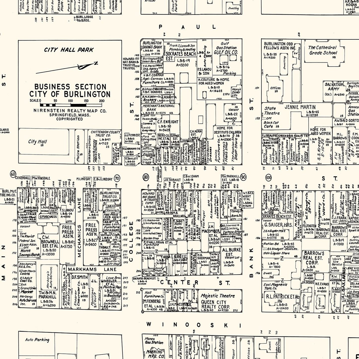 Vintage Map of Burlington, VT Business Section, 1946