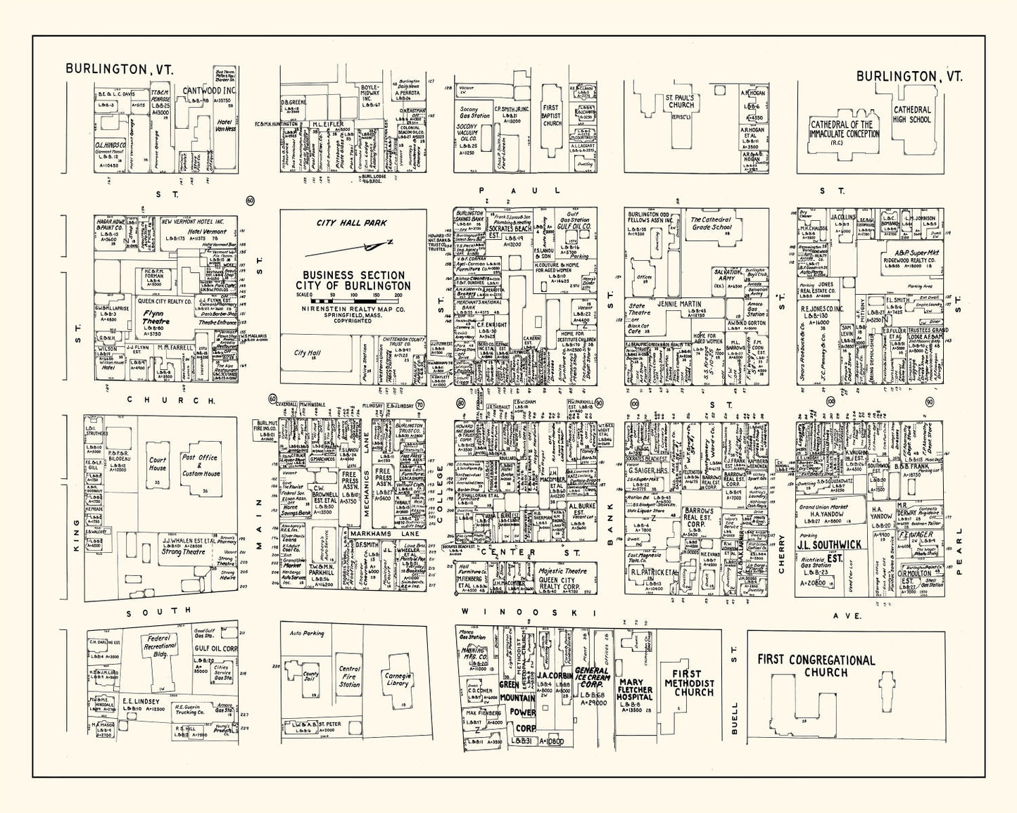 Vintage Map of Burlington, VT Business Section, 1946