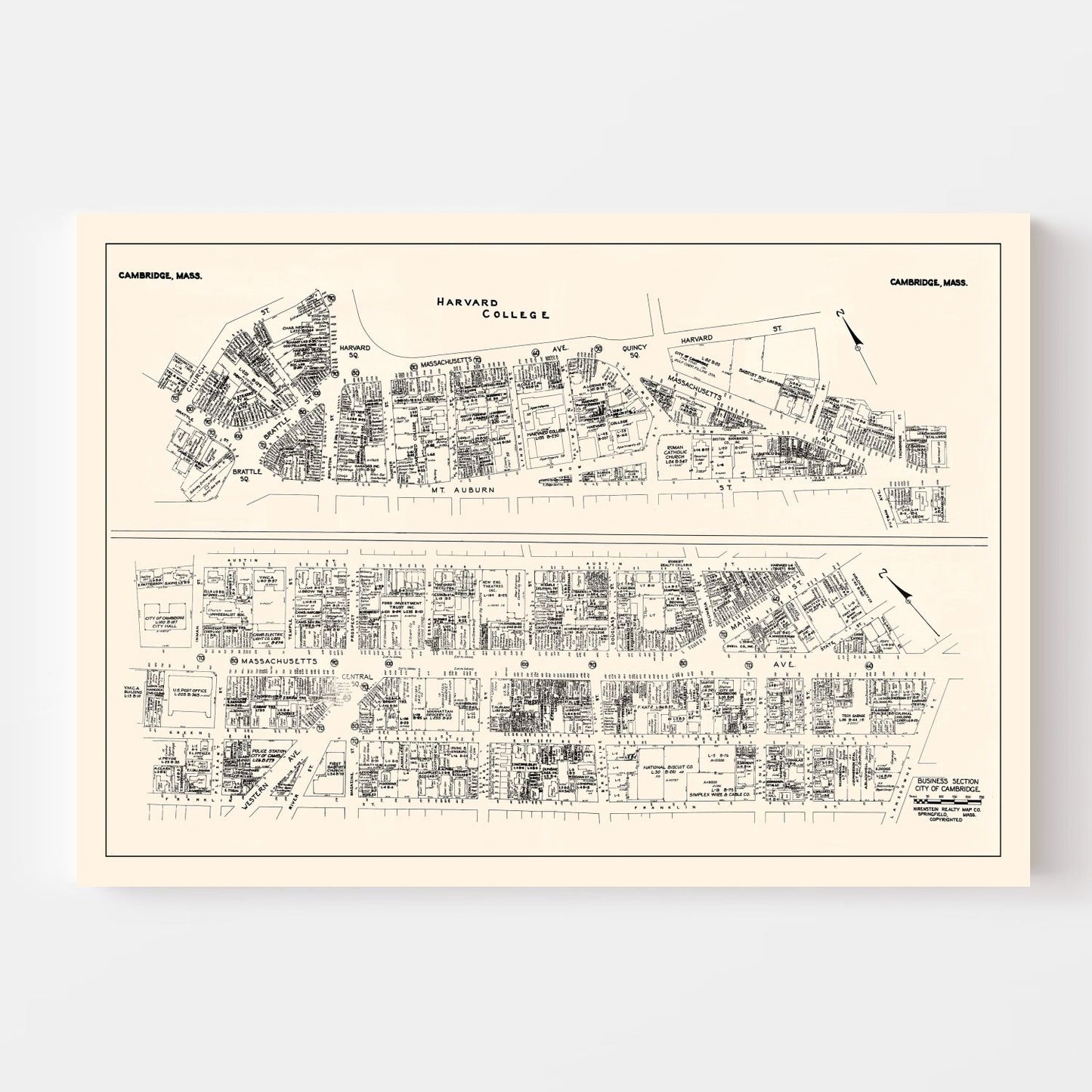 Vintage Map of Cambridge, MA Business Section, 1946