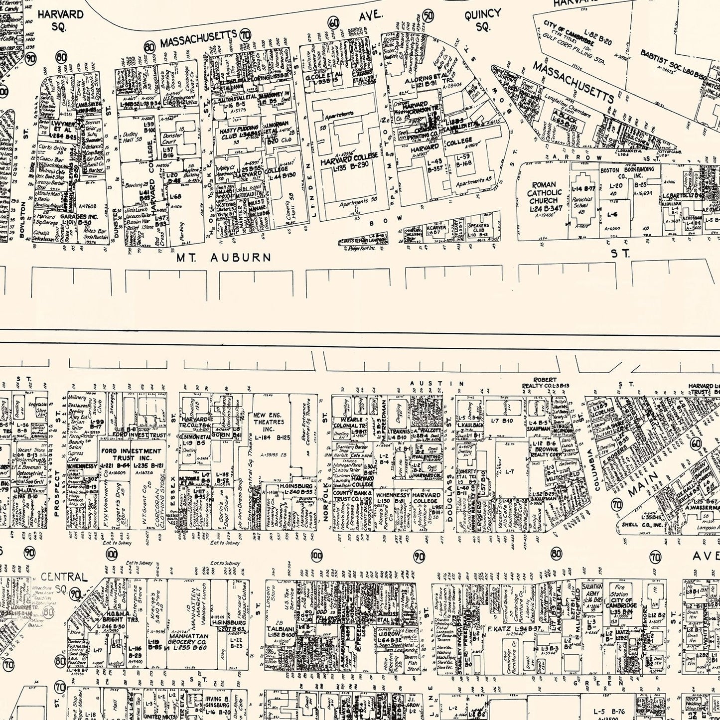 Vintage Map of Cambridge, MA Business Section, 1946
