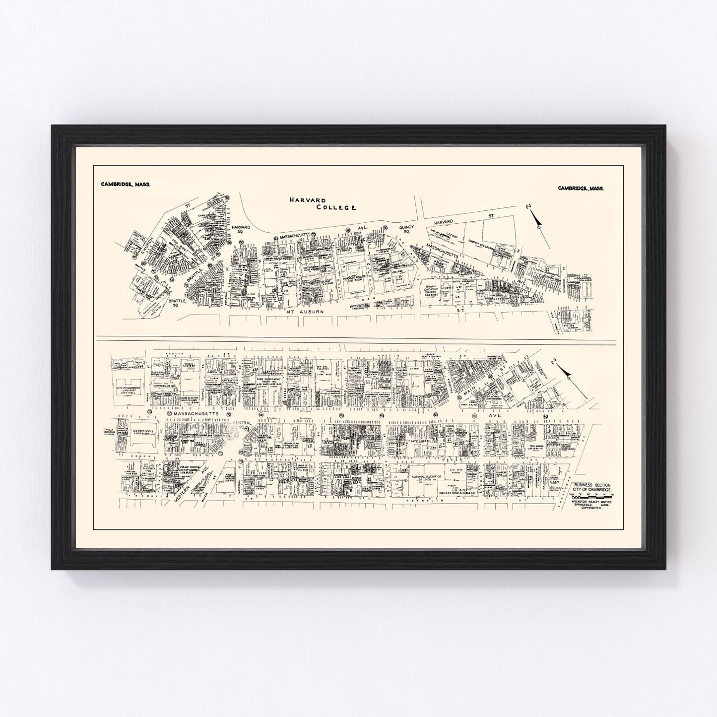 Vintage map of Cambridge MA Business Section, 1946, mid-century restored print