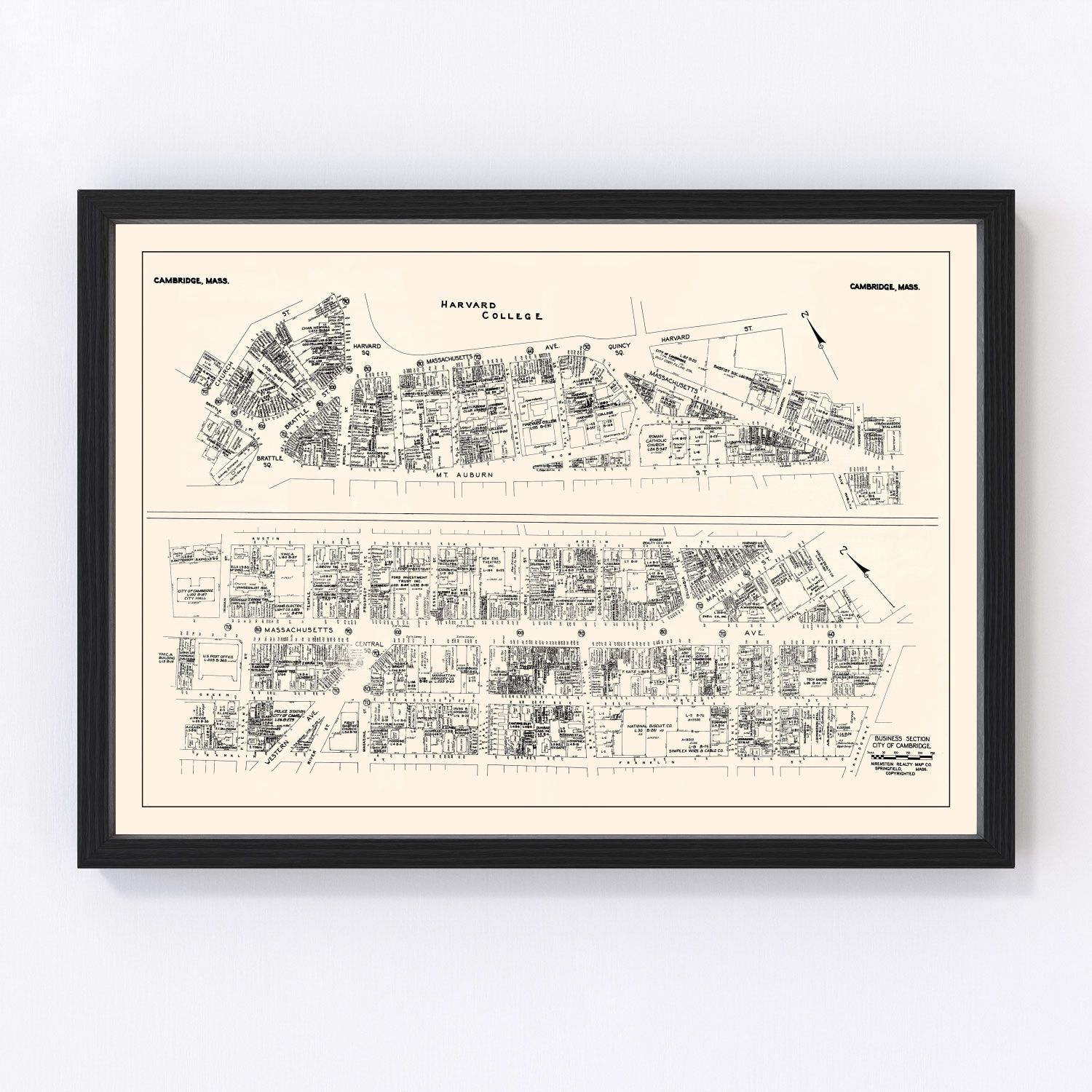 Vintage map of Cambridge MA Business Section, 1946, mid-century restored print