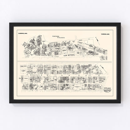 Vintage map of Cambridge MA Business Section, 1946, mid-century restored print