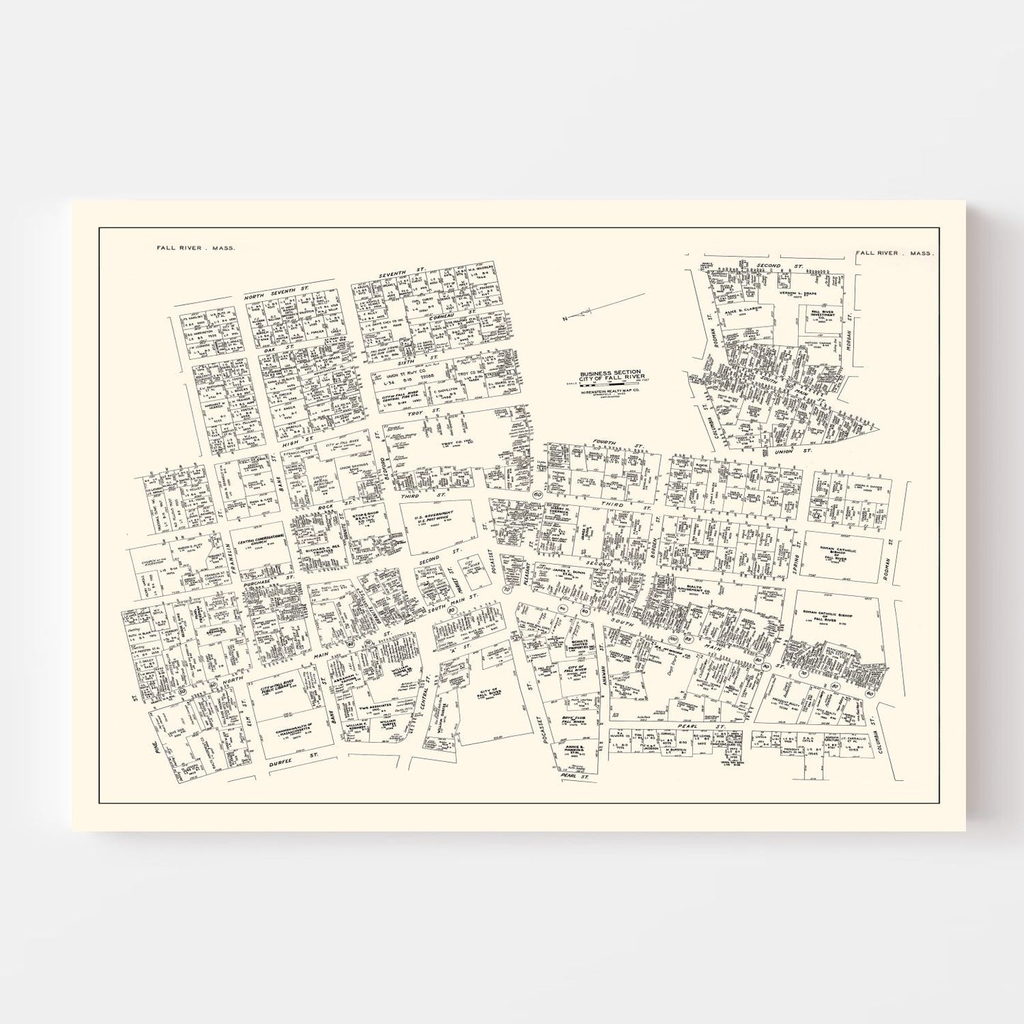 Vintage Map of Fall River, MA Business Section, 1946