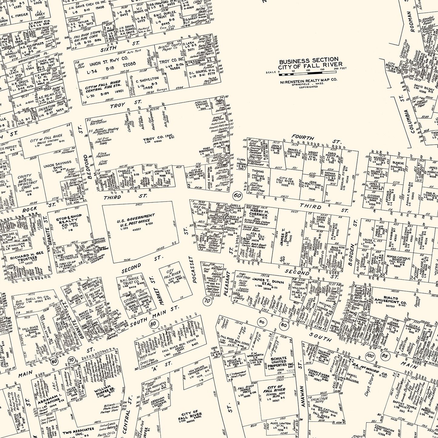 Vintage Map of Fall River, MA Business Section, 1946